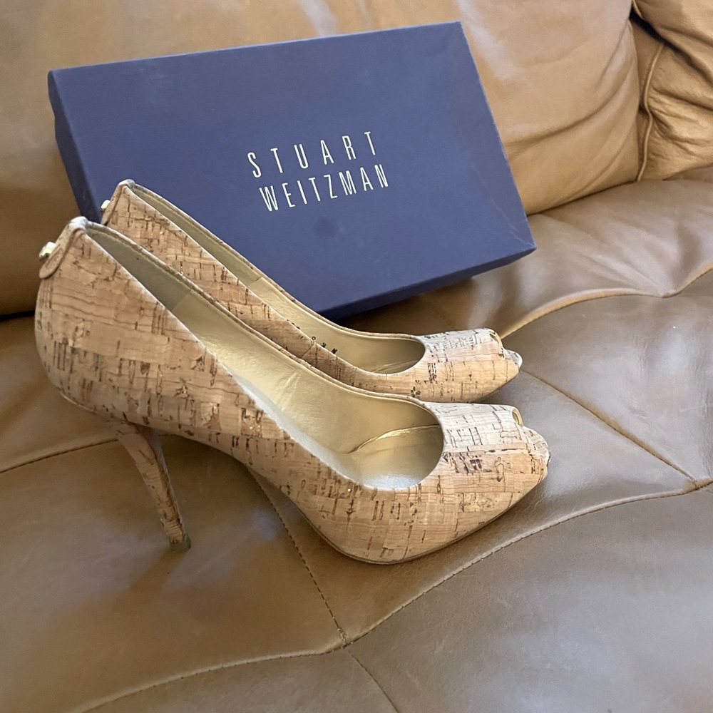 Stuart Weitzman cork peep toe heel